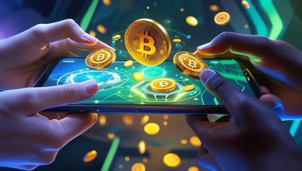 Smartphone gaming app rewards transforming into cryptocurrency coins, symbolizing how Pakistan crypto gaming apps connect play with digital earnings.