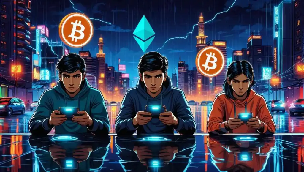 Young Pakistani gamers playing mobile games surrounded by glowing cryptocurrency symbols, representing the rise of Pakistan crypto gaming apps.
